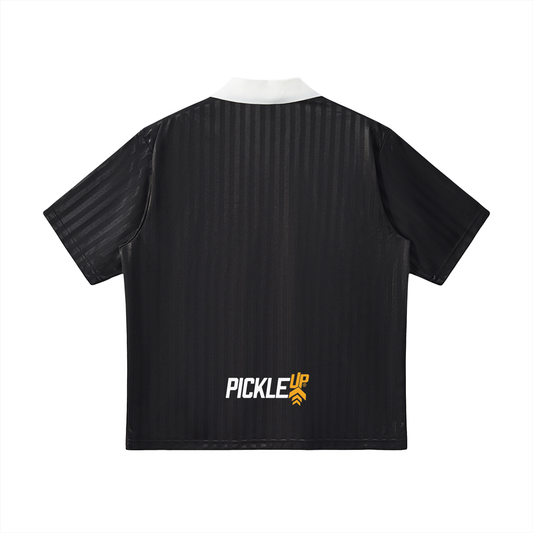Black t-shirt with 'Pickle Up' logo on a white background