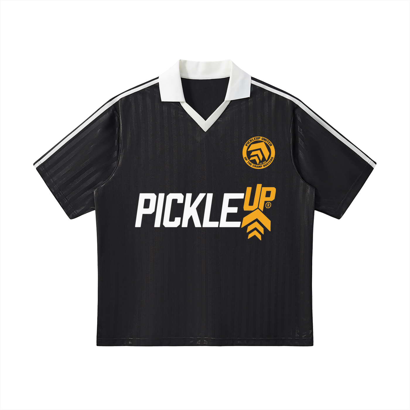 Black sports jersey with 'Pickle Up' branding on a white background