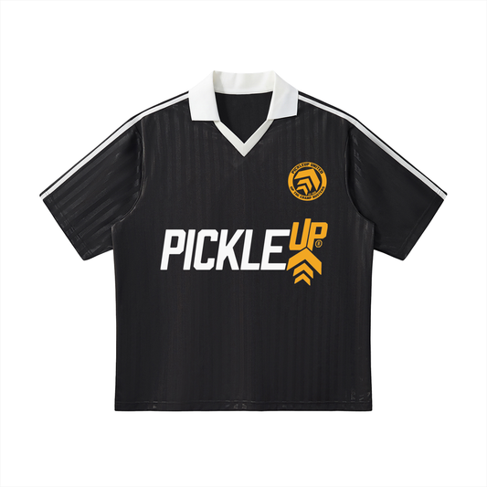 Black sports jersey with 'Pickle Up' branding on a white background