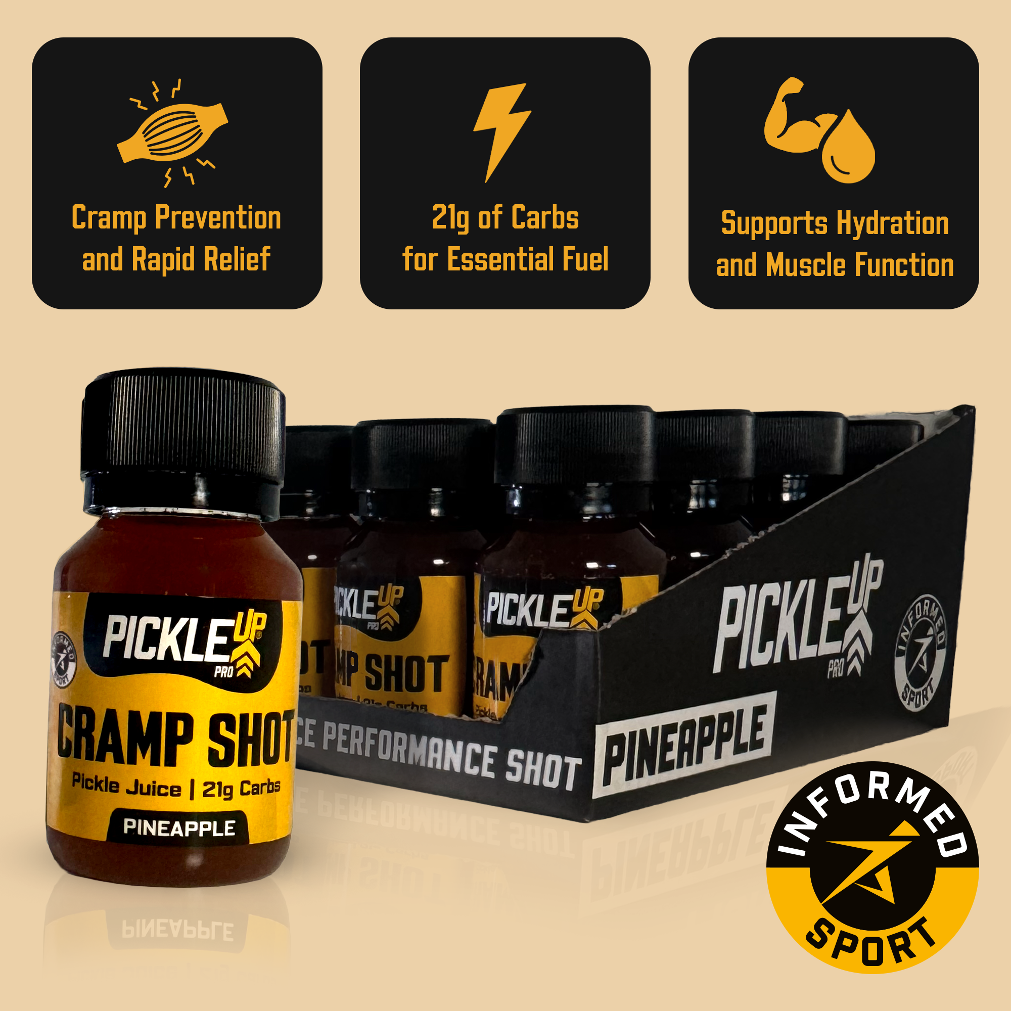 PickleUp Pro Cramp Shot Pineapple flavor e-liquid bottles shown in a retail display box with a single bottle in front. The bottles are amber glass with black caps, and the labels are yellow and black.